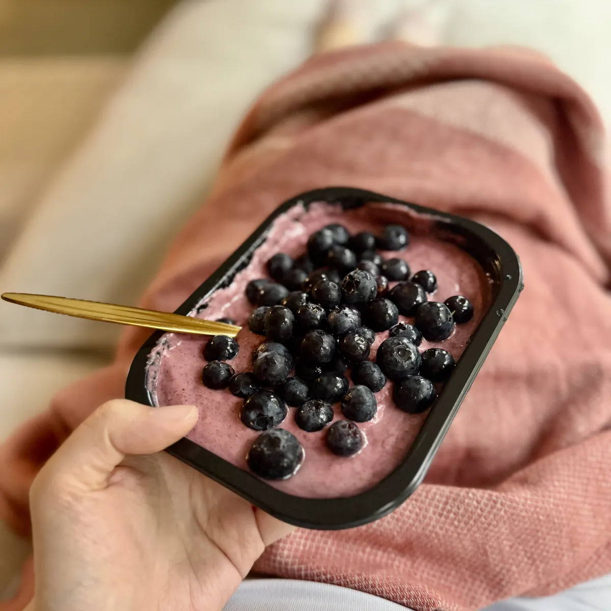 Nutty Pudding in container with blueberries on the couch