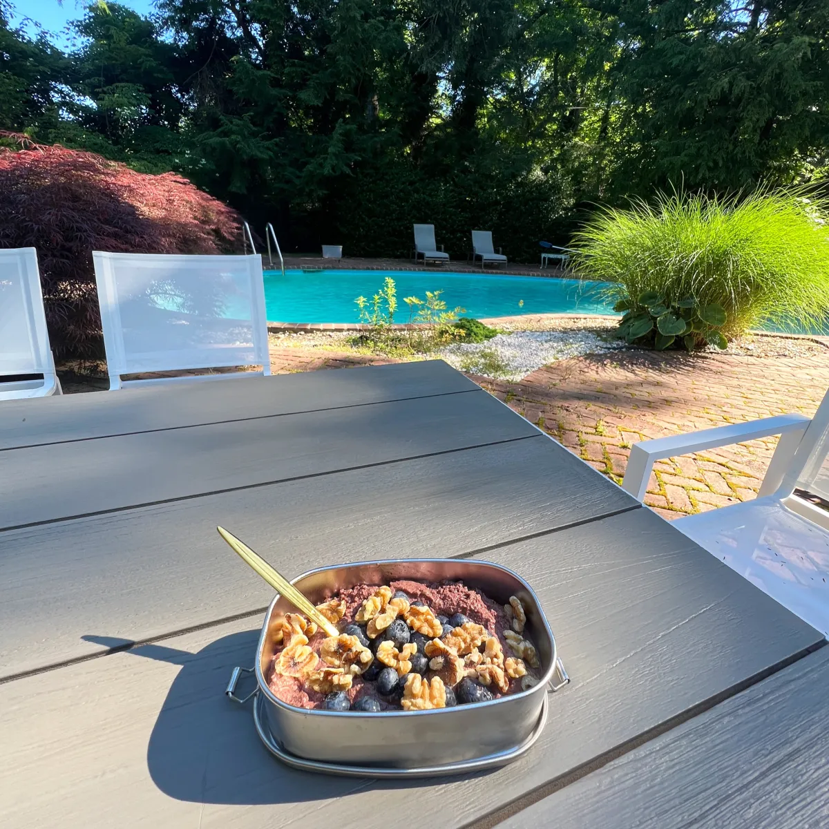Nutty Pudding poolside on a sunny morning