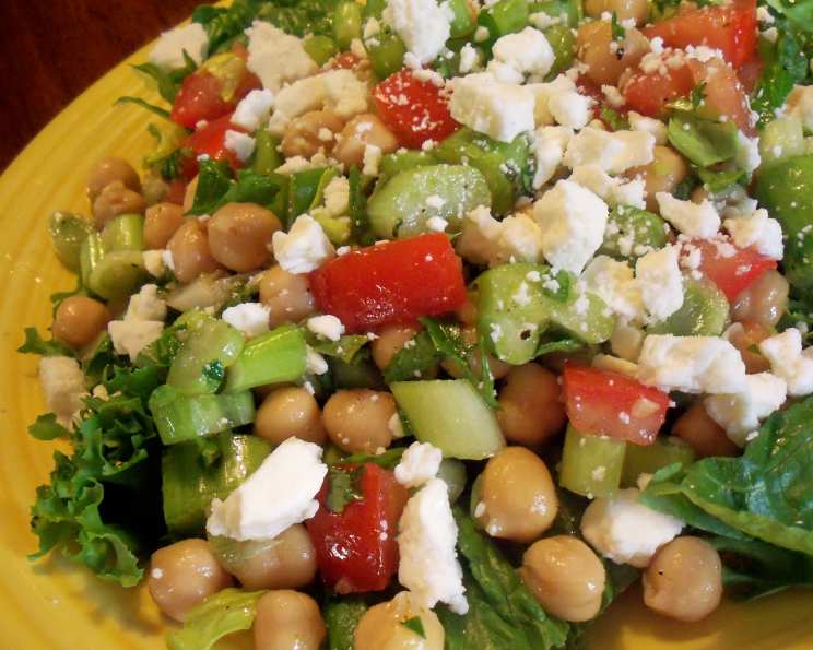 Garbanzo bean salad and vegetables with garbanzo bean bread