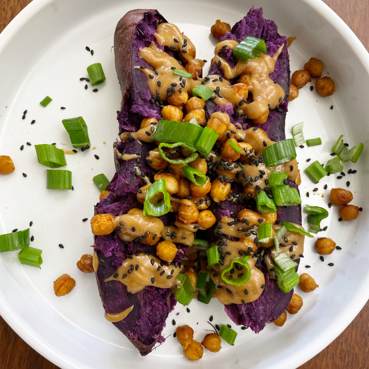 Roasted Purple Sweet Potatoes with Dukkah and Tahini