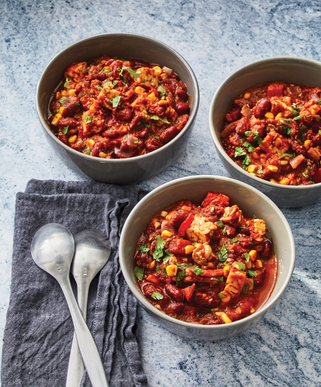 Tempeh and Mushroom Chili with Corn and Cilantro