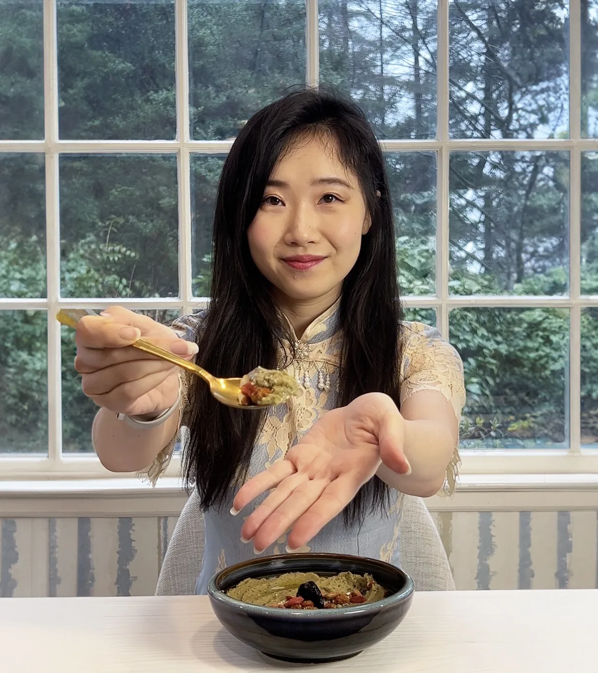 Eating a bowl of Super Veggie